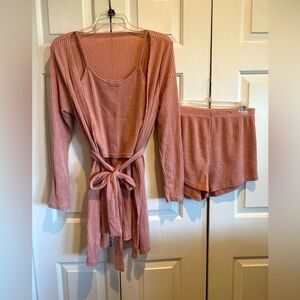 3 Pc PJ Set / Rib Knit Robé, Top & Shorts - Matching Fabric & Color -Loungewear